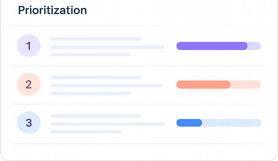 An illustrative prioritization panel ranking three opportunities by impact and confidence.