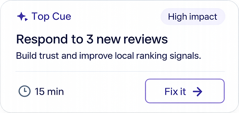 An illustrative StudioCues top cue recommending a response to three new reviews.